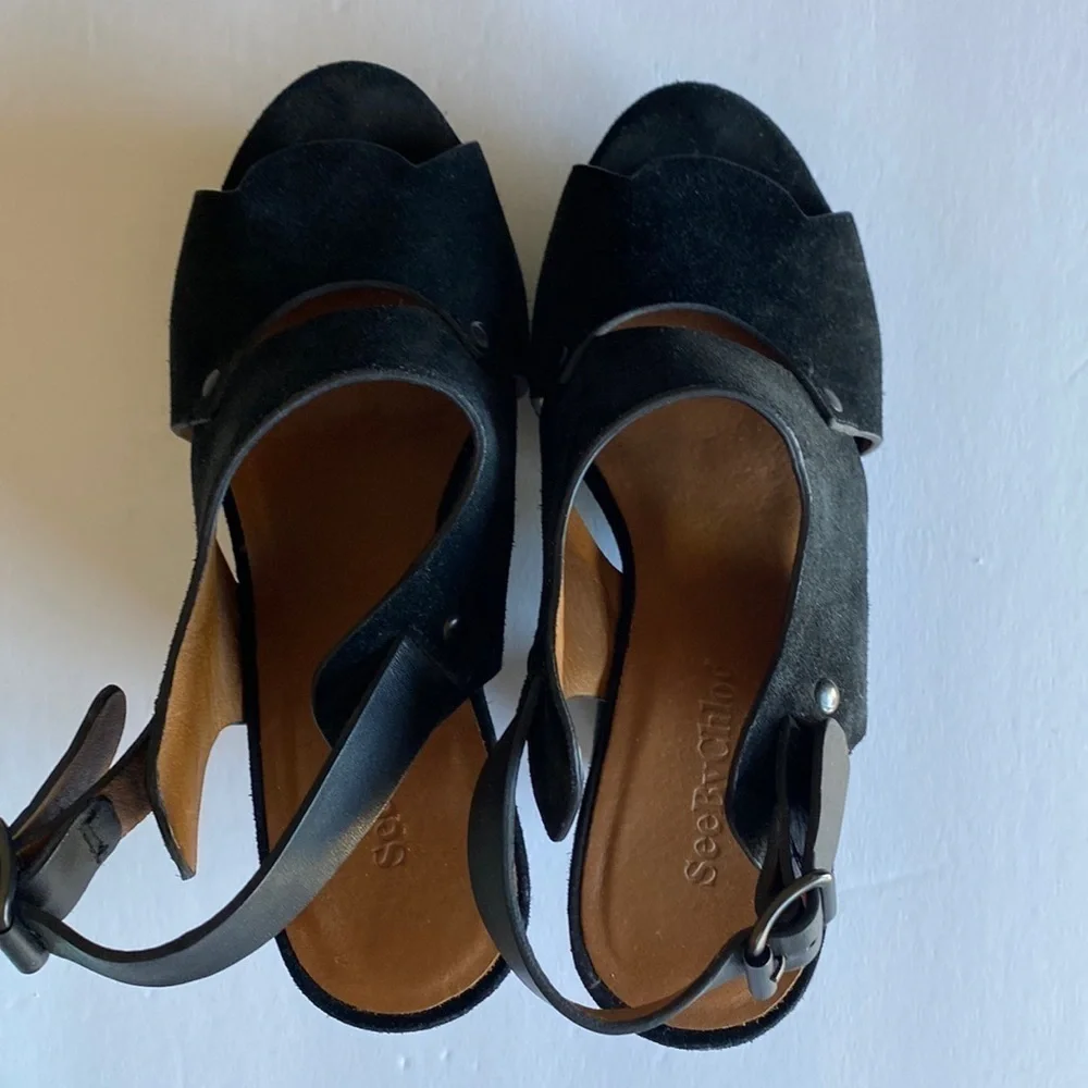 See by Chloe platform shoes open toed black suede ankle strap 36.5